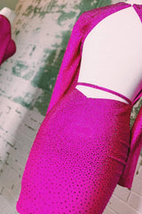 Fuchsia Homecoming Dresses Sequined Tight Short Cocktail Dresses with Sleeves
