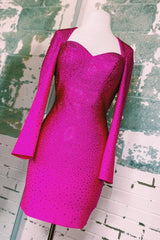 Fuchsia Homecoming Dresses Sequined Tight Short Cocktail Dresses with Sleeves