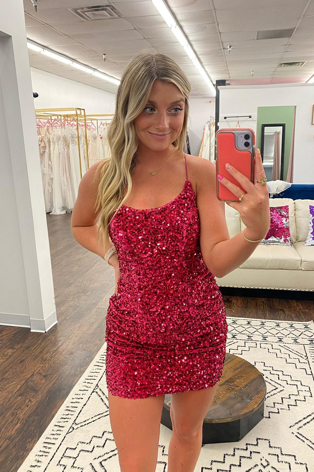 Fuchsia Homecoming Dresses Sleeveless Sequin Tight Short Cocktail Dresses