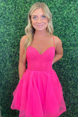 Fuchsia Homecoming Dresses Spaghetti Straps Corset A-Line Short Tulle Prom Dress