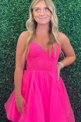Fuchsia Homecoming Dresses Spaghetti Straps Corset A-Line Short Tulle Prom Dress