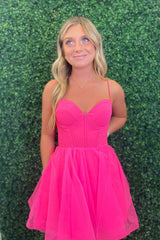 Fuchsia Homecoming Dresses Spaghetti Straps Corset A-Line Short Tulle Prom Dress