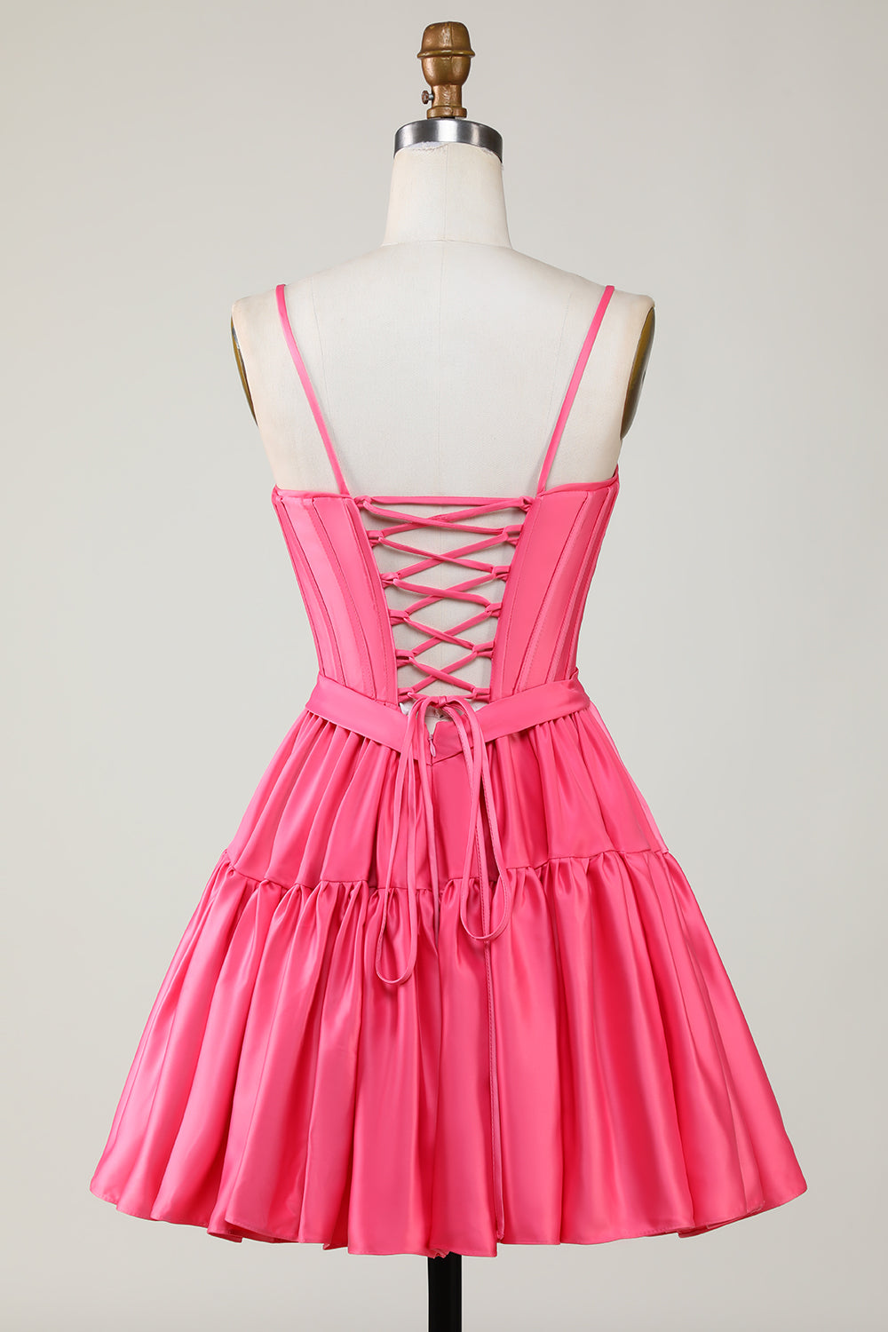 Fuchsia Homecoming Dresses Spaghetti Straps Lace-Up Back A-Line Short Satin Prom Dress