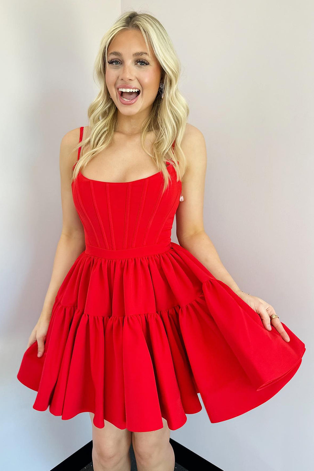 Fuchsia Homecoming Dress Spaghetti Straps Lace-Up Back A-Line Short Satin Prom Dress Suzhoufashion Fuchsia Homecoming Dress Spaghetti Straps Lace-Up Back A-Line Short Satin Prom Dress Suzhoufashion