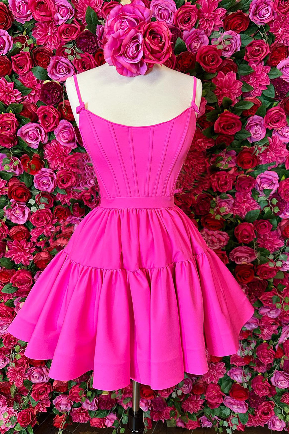 Fuchsia Homecoming Dress Spaghetti Straps Lace-Up Back A-Line Short Satin Prom Dress Suzhoufashion Fuchsia Homecoming Dress Spaghetti Straps Lace-Up Back A-Line Short Satin Prom Dress Suzhoufashion