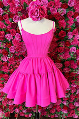 Fuchsia Homecoming Dresses Spaghetti Straps Lace-Up Back A-Line Short Satin Prom Dress