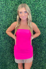 Fuchsia Homecoming Dresses Strapless Fringed Tight Short Cocktail Dresses