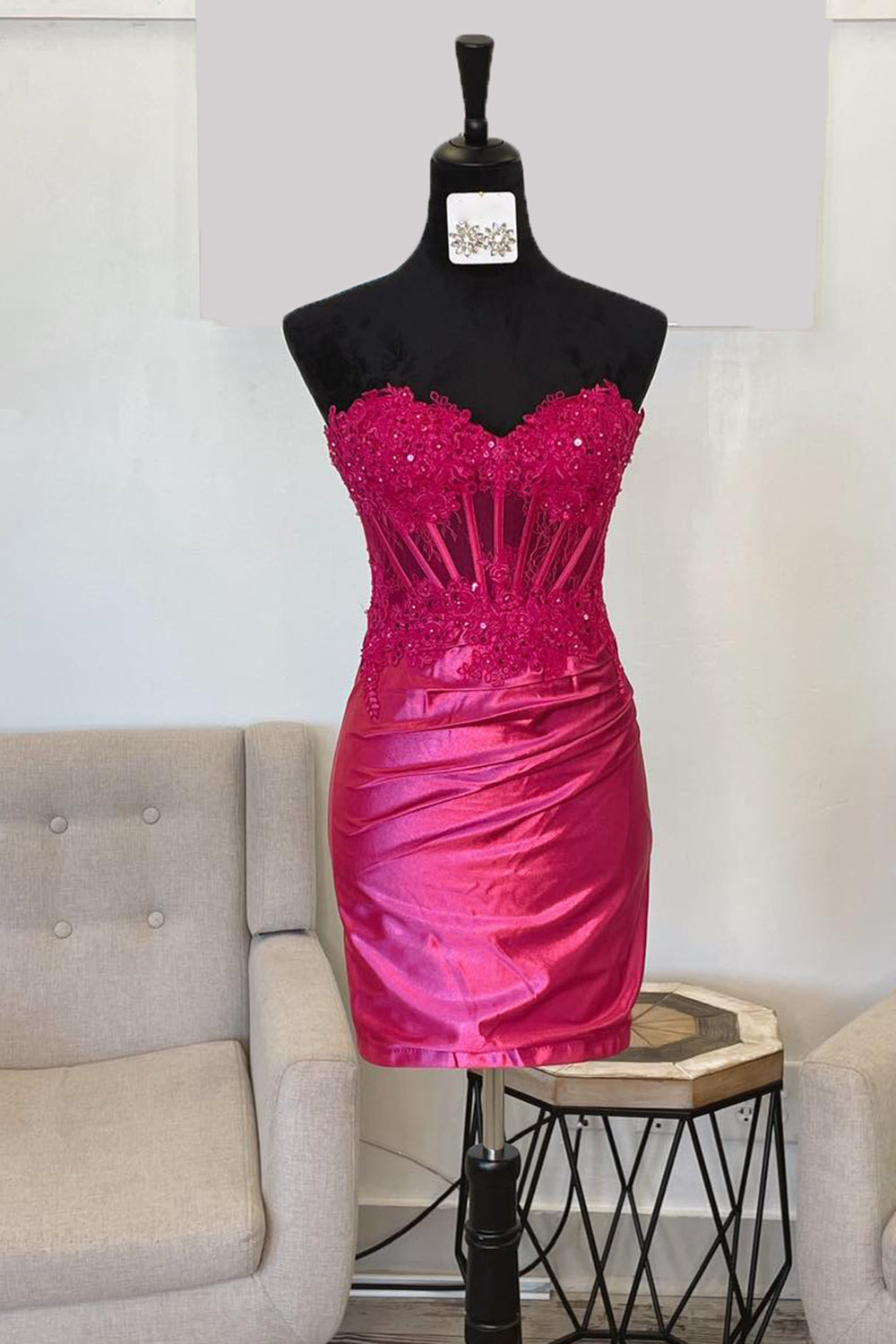 Fuchsia Homecoming Dresses Strapless Tight Corset Short Cocktail Dresses with Lace