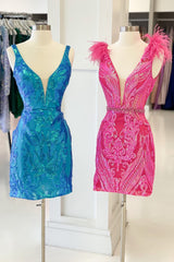 Fuchsia Homecoming Dresses V-Neck Sequin Tight Short Cocktail Dresses