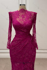 Fuchsia Mermaid Prom Dress High Neck Sleeves Lace Floor Length Simple Formal Dress