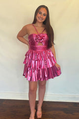 Fuchsia Metallic Homecoming Dresses Floral Short Cocktail Dresses With Ruffles