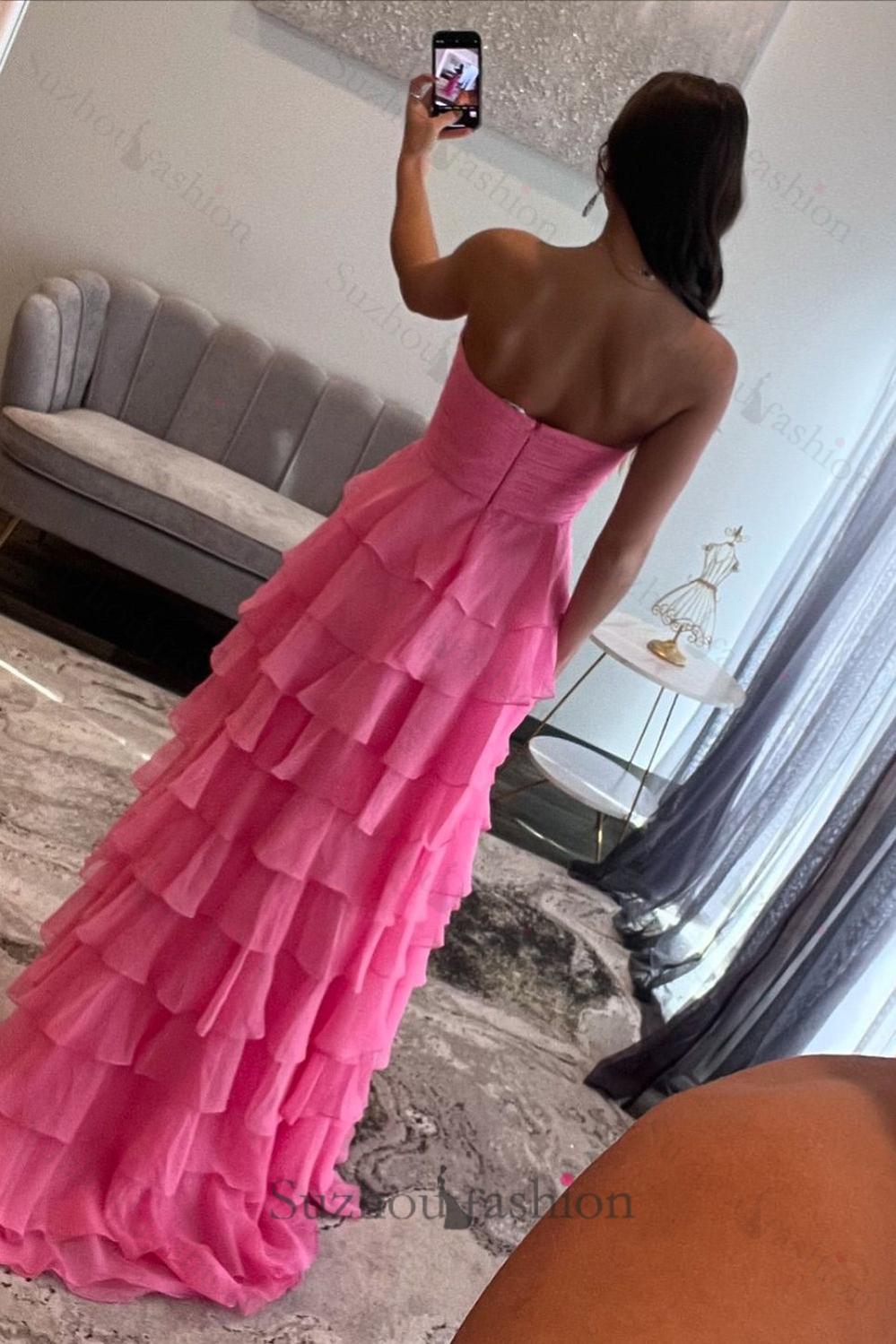 Suzhoufashion Fuchsia Prom Dress A-Line Sweetheart Tiered Formal Dress With  Slit  suzhoufashion