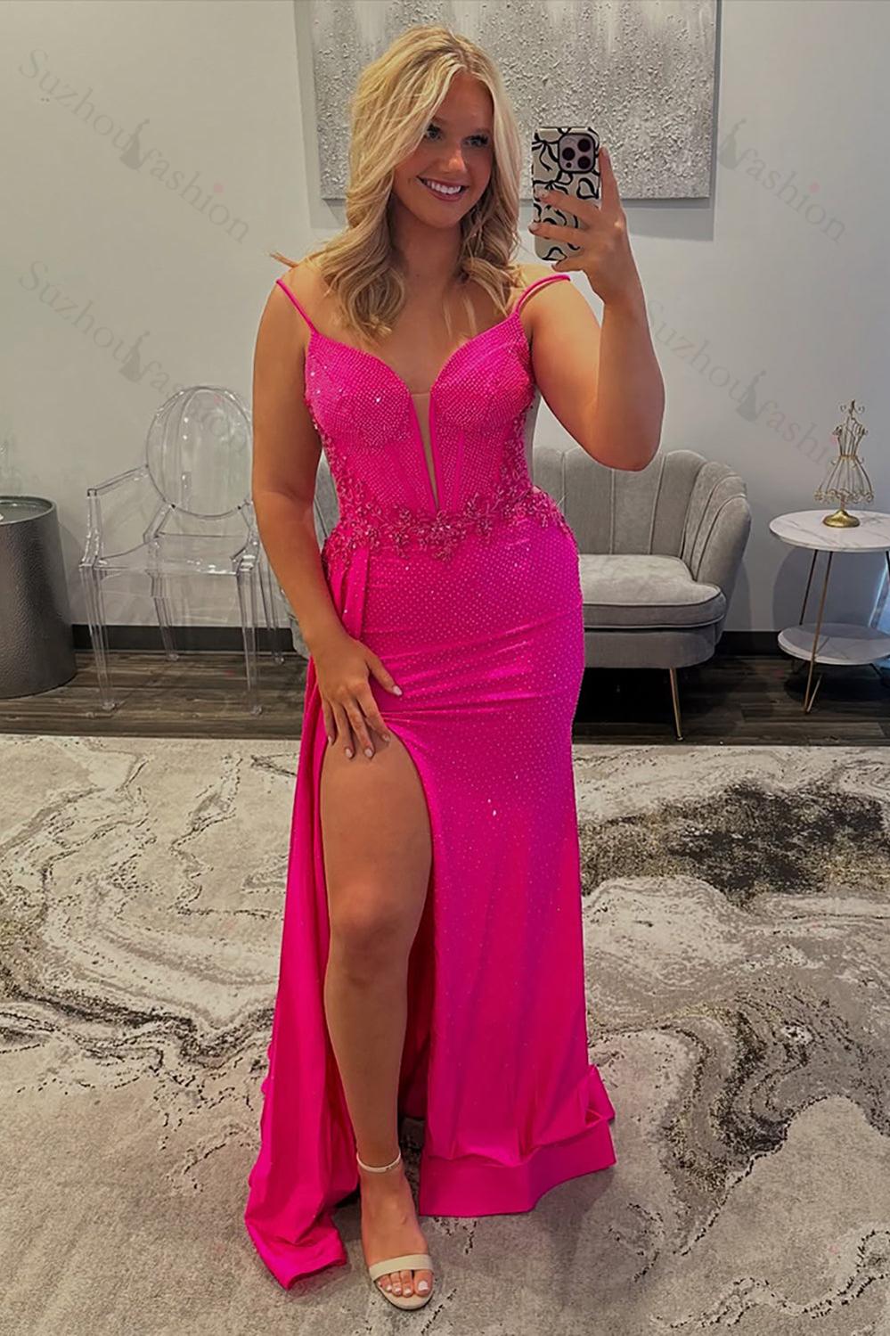 Fuchsia Prom Dress Beaded Spaghetti Straps Formal Dress With Slit