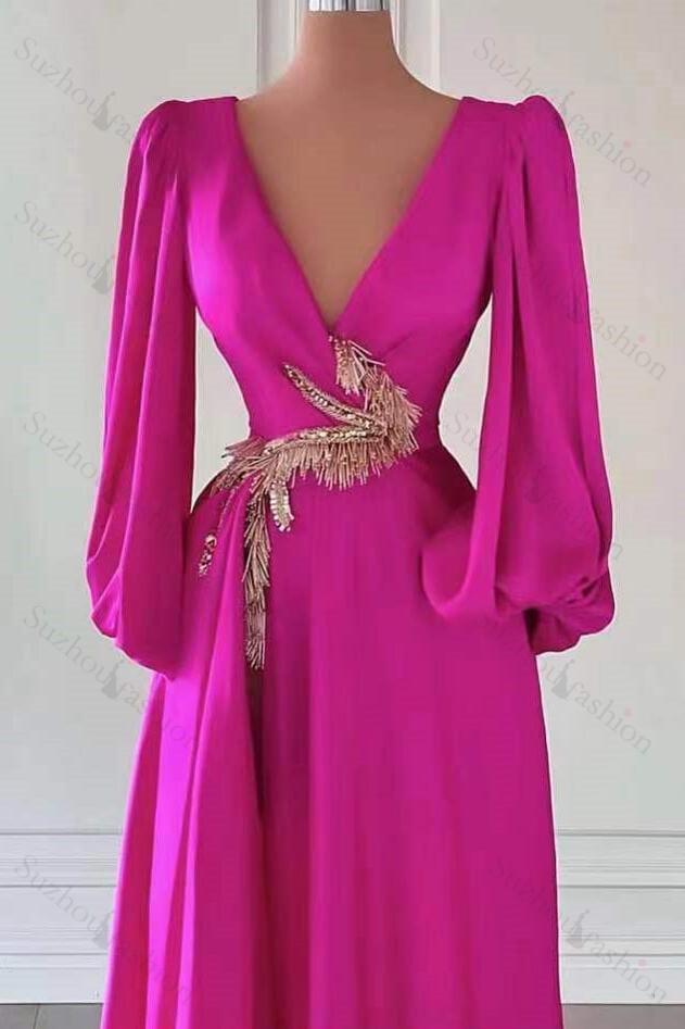 Fuchsia Prom Dress Dark V Neck A Line Long Sleeves Long Evening Formal Dress With Embellishment