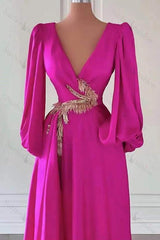 Fuchsia Prom Dress Dark V Neck A Line Long Sleeves Long Evening Formal Dress With Embellishment