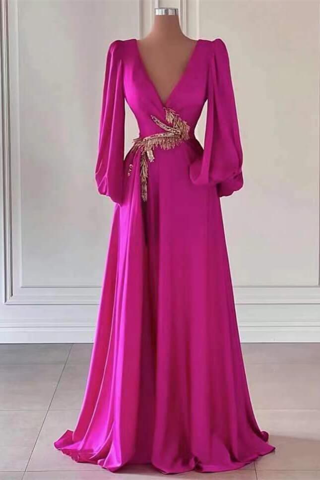 Fuchsia Prom Dress Dark V Neck A Line Long Sleeves Long Evening Formal Dress With Embellishment