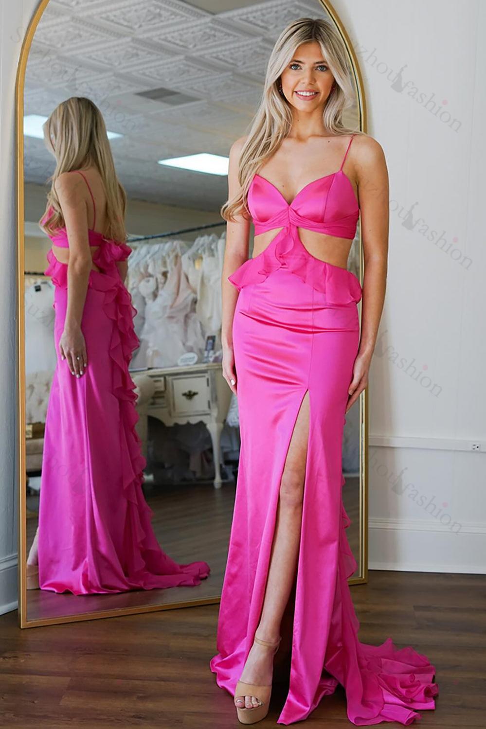 Suzhoufashion Fuchsia Prom Dress Mermaid Ruffled Satin Long Formal Dress  With Slit – suzhoufashion