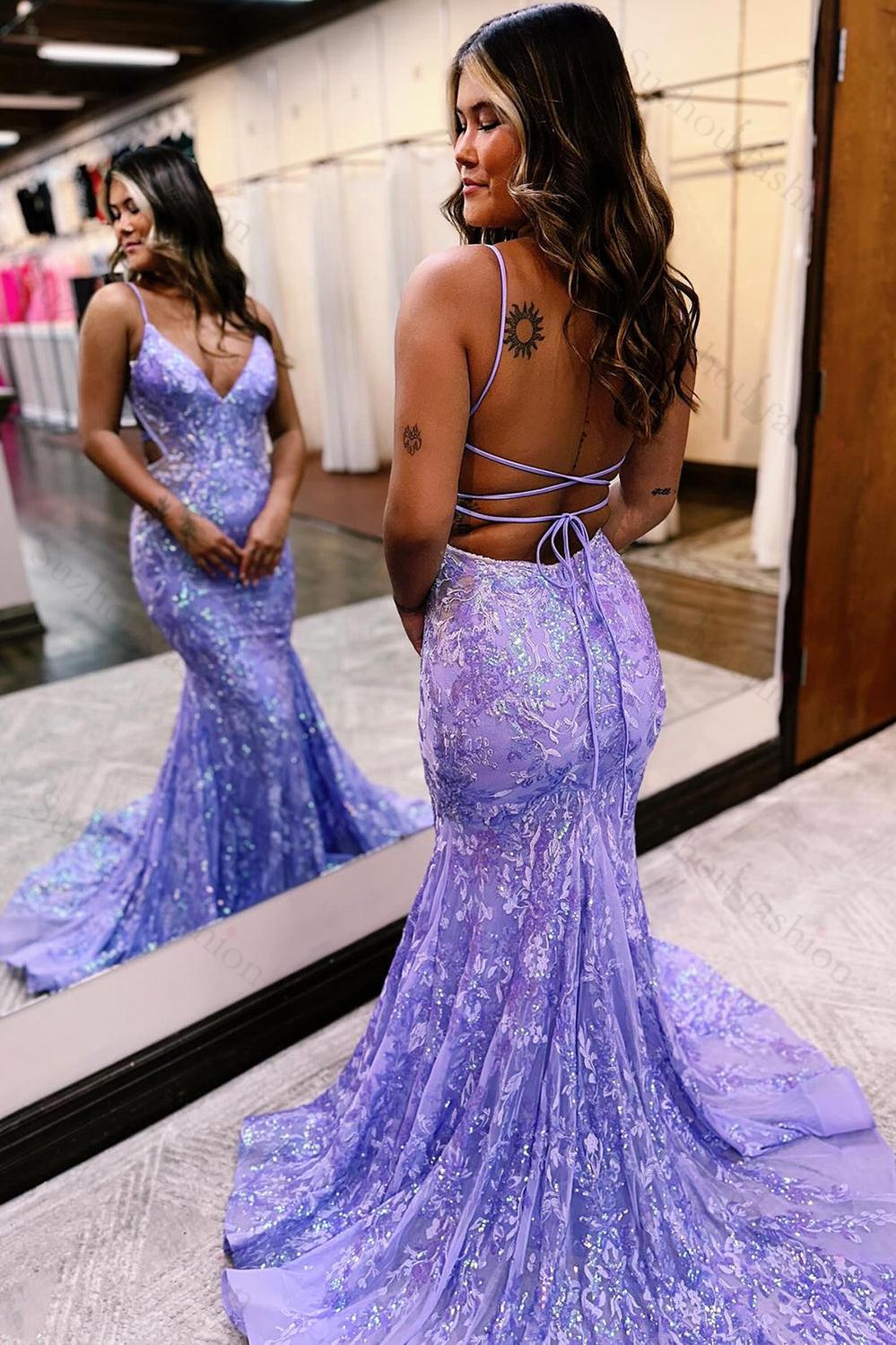 fitted lace wedding dress Lilac Mermaid Spaghetti Straps Lace Up Back Prom Dress main image 0