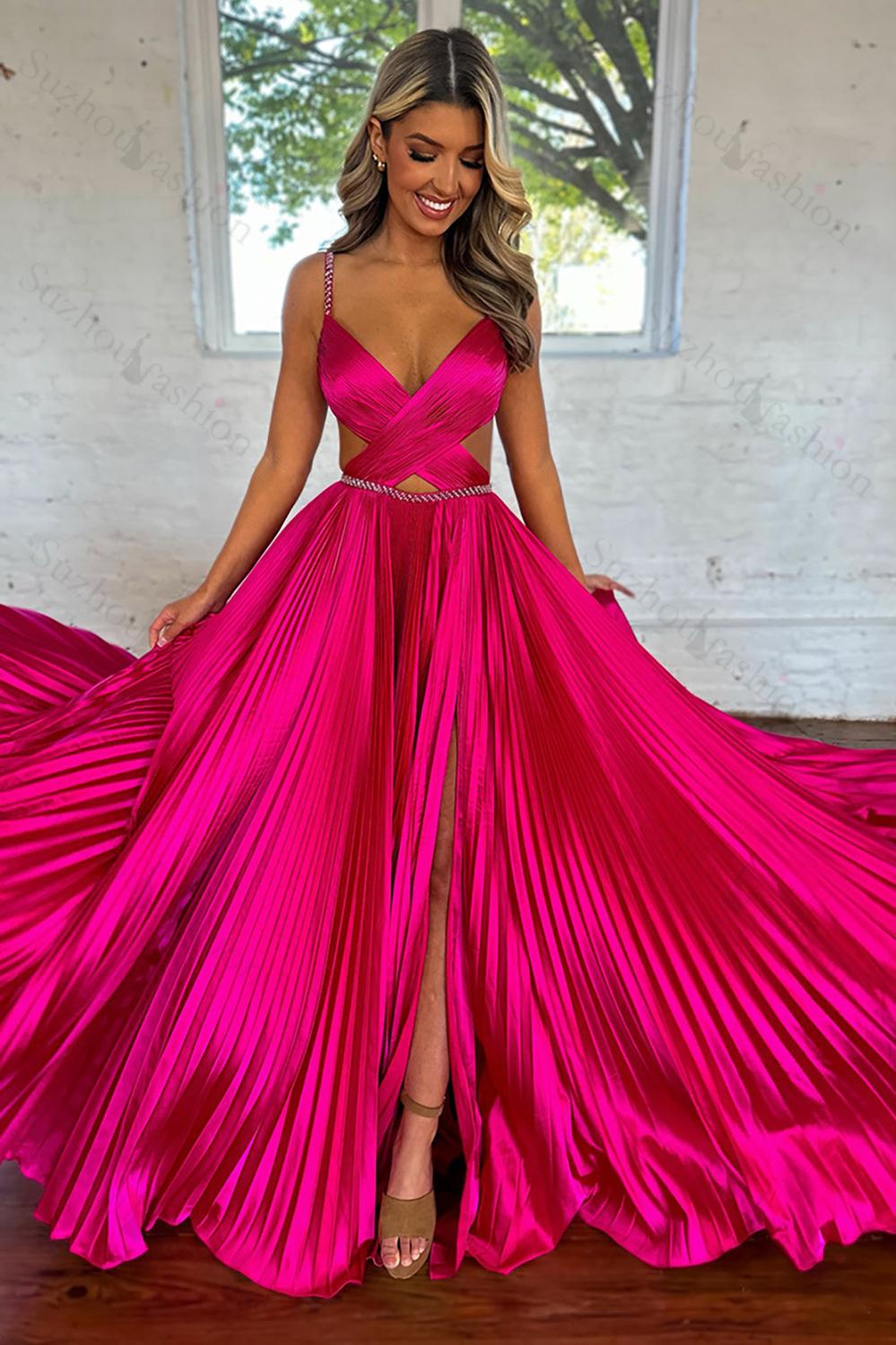 Suzhoufashion Fuchsia Prom Dress Metallic Pleated Formal Dress with Slit Suzhoufashion Fuchsia Prom Dress Metallic Pleated Formal Dress with Slit