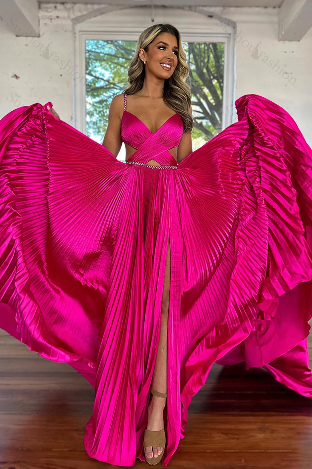 metallic pink prom dress Suzhoufashion Fuchsia Prom Dress Metallic Pleated Formal Dress With Slit