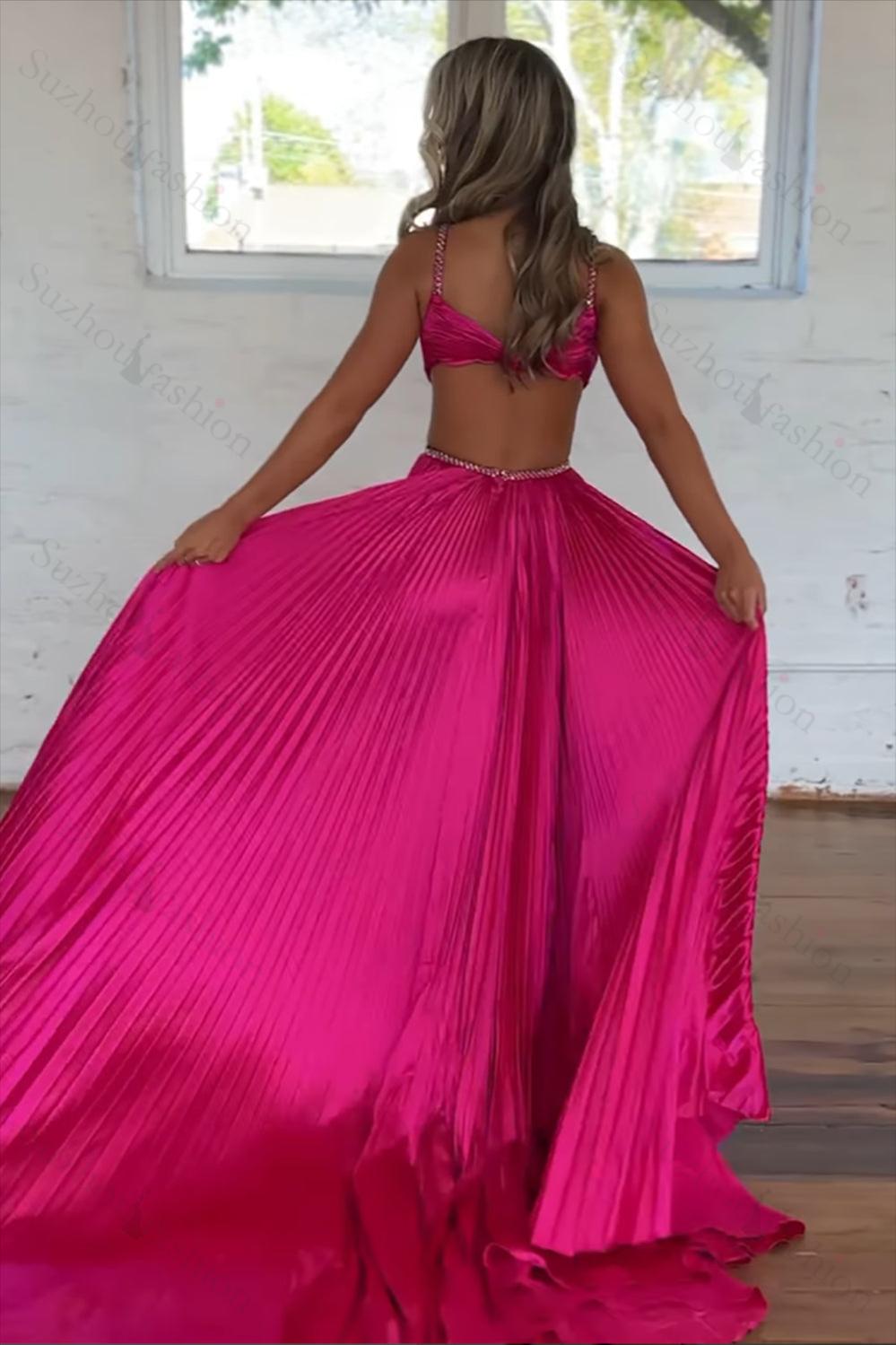 fuchsia metallic dress Suzhoufashion Fuchsia Prom Dress Metallic Pleated Formal Dress With Slit