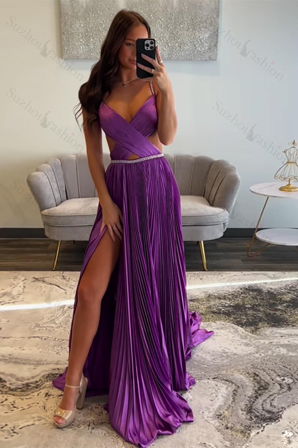 Suzhoufashion Fuchsia Prom Dress Metallic Pleated Formal Dress With Slit suzhoufashion Suzhoufashion Fuchsia Prom Dress Metallic Pleated Formal Dress With Slit suzhoufashion