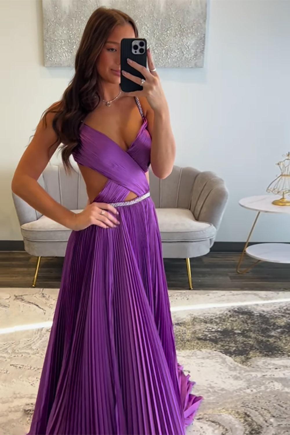Suzhoufashion Fuchsia Prom Dress Metallic Pleated Formal Dress with Slit Suzhoufashion Fuchsia Prom Dress Metallic Pleated Formal Dress with Slit