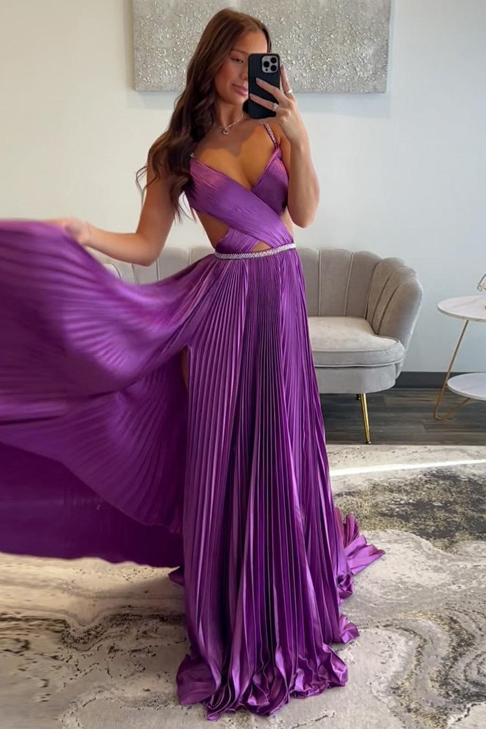 Suzhoufashion Fuchsia Prom Dress Metallic Pleated Formal Dress With Slit Suzhoufashion Fuchsia Prom Dress Metallic Pleated Formal Dress With Slit