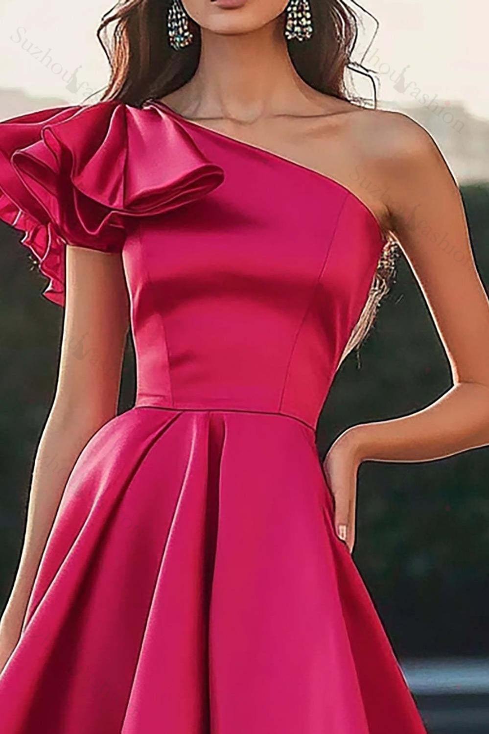 Suzhoufashion Fuchsia Prom Dress Satin One Shoulder High-Low Ruffled A Line Formal Dress