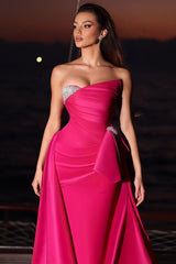 Fuchsia Prom Dress Sleeveless Strapless Long Evening Formal Dress With Pleated Beading
