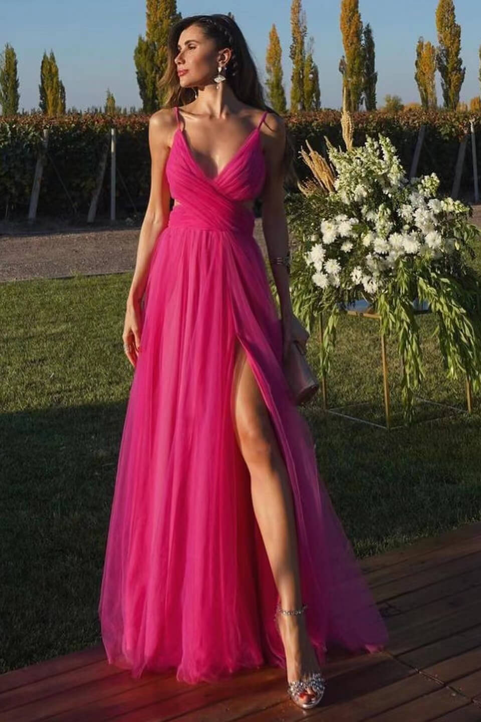 Fuchsia Prom Dress Spaghetti Strap Sleeveless A Line Evening Formal Dress Tulle With Front Split