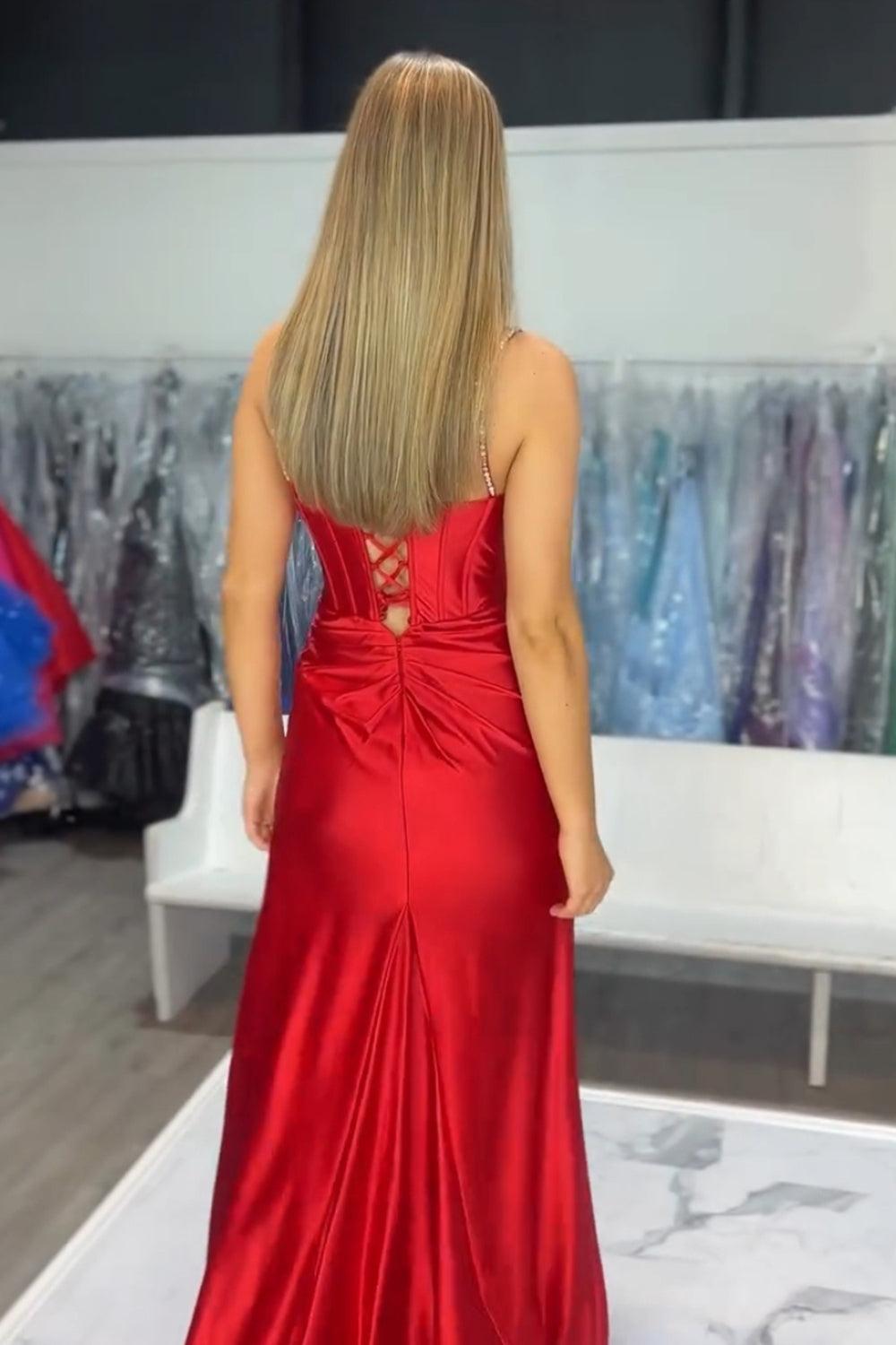 Fuchsia Prom Dress Spaghetti Straps Mermaid Corset Formal Dress With Slit