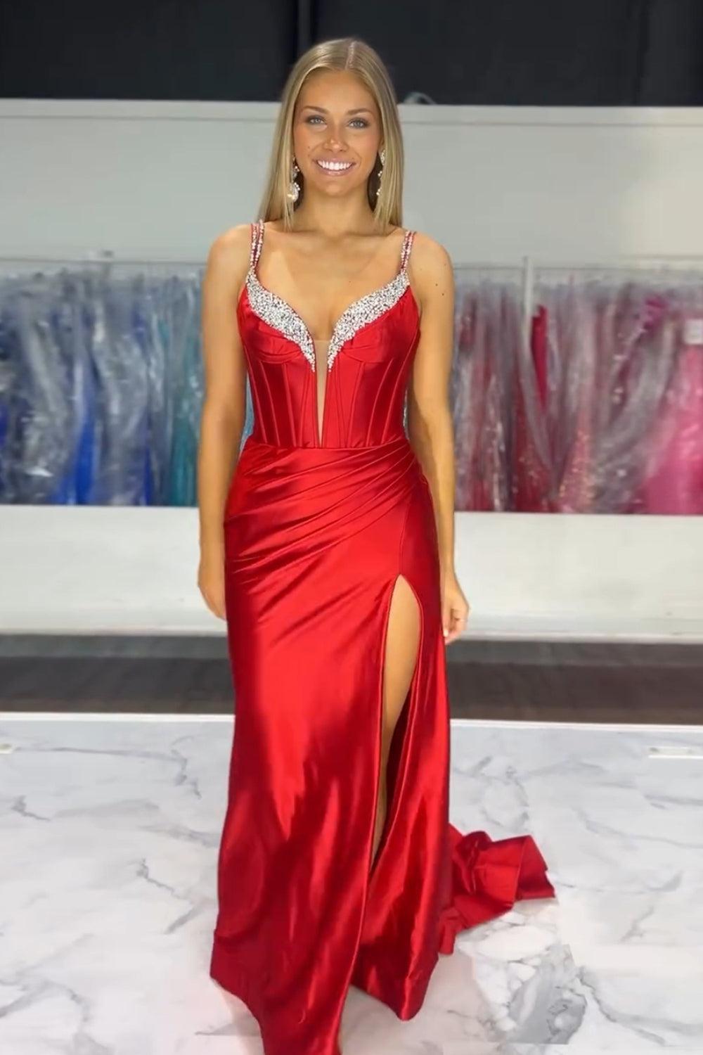 Fuchsia Prom Dress Spaghetti Straps Mermaid Corset Formal Dress With Slit