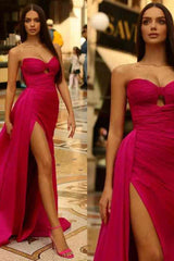 Fuchsia Prom Dress Strapless Evening Formal Dress Long With High Slit