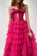 Fuchsia Prom Dress Strapless Ruffled Corset Tulle Long Formal Dress