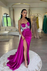 Fuchsia Prom Dress Sweetheart A Line Beaded Sleeveless Satin Panel Train Formal Dress With High Slit