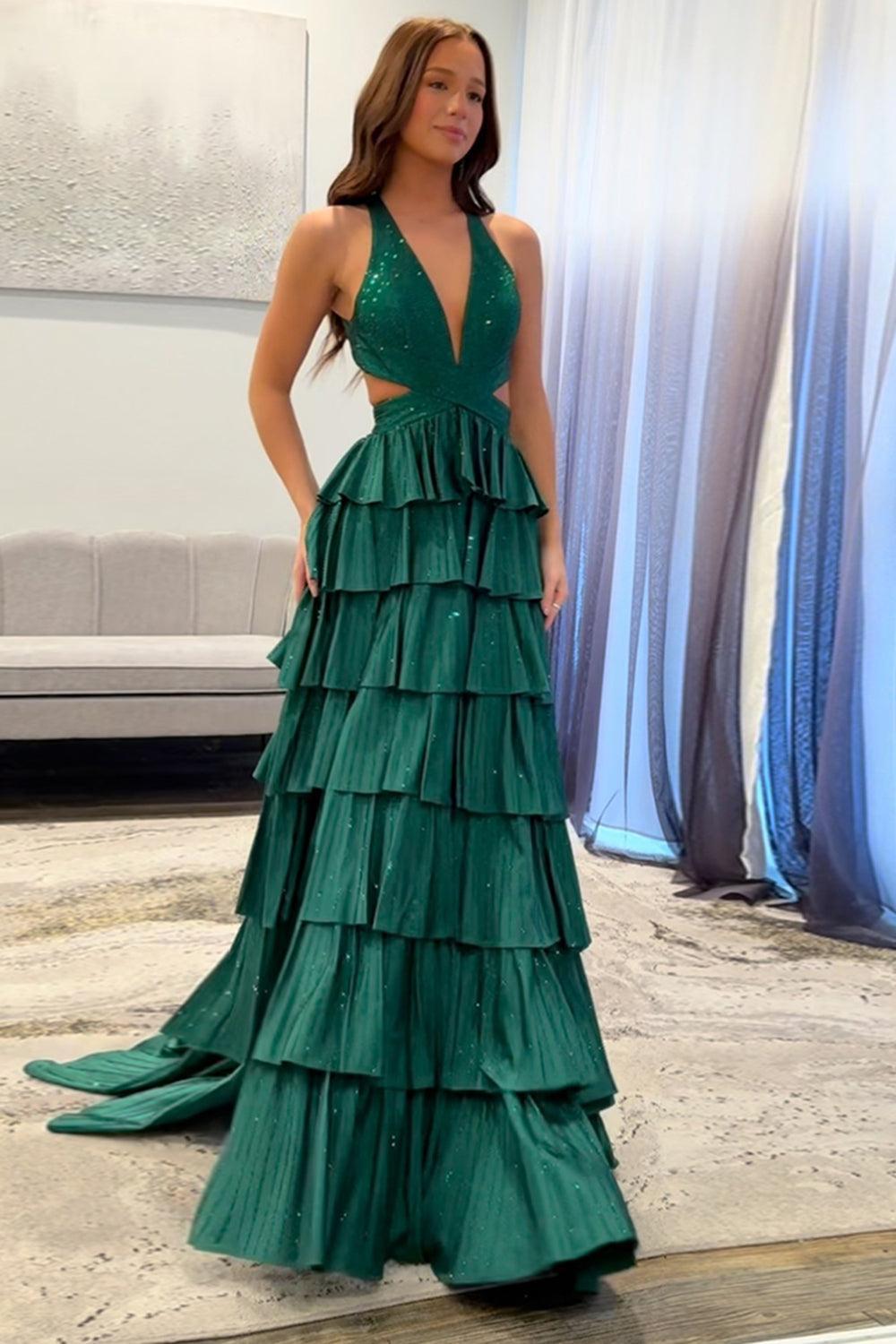 Fuchsia Prom Dress Tiered A-Line Halter Long Formal Dress With Slit