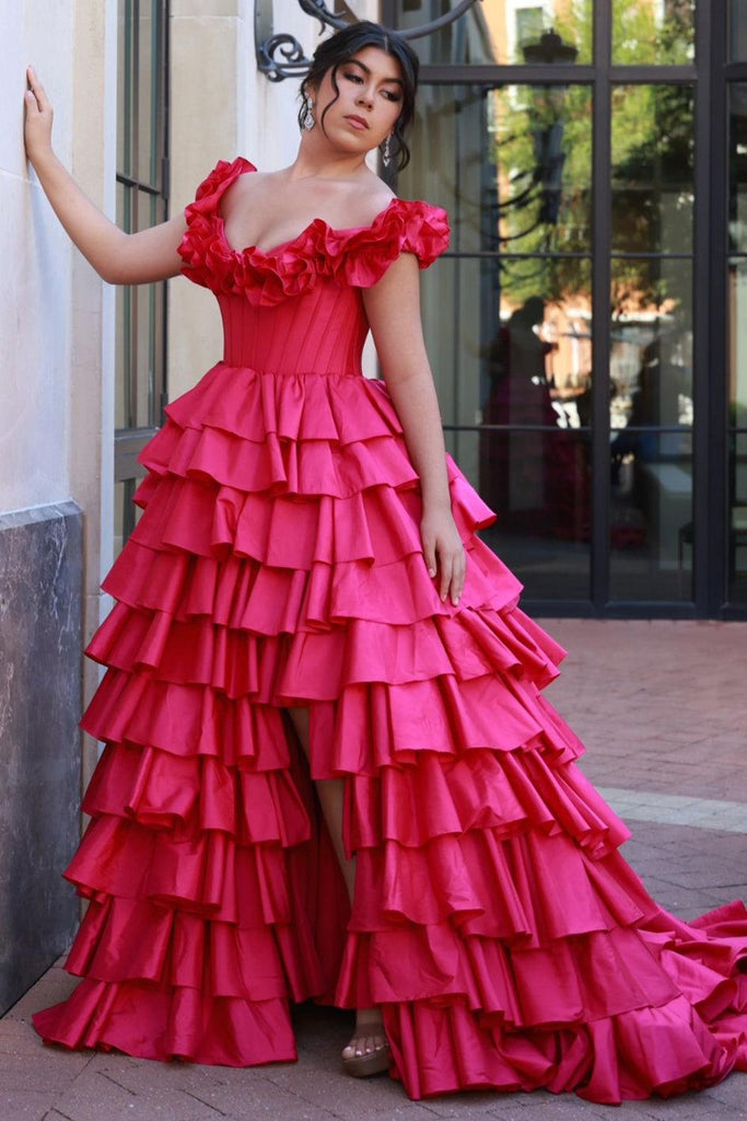 Suzhoufashion Fuchsia Prom Dress Tiered A-Line Off The Shoulder Long Formal Dress with Slit