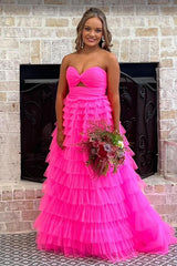 Fuchsia Prom Dress Tiered A-Line Sweetheart Hollow Out Long Formal Dress