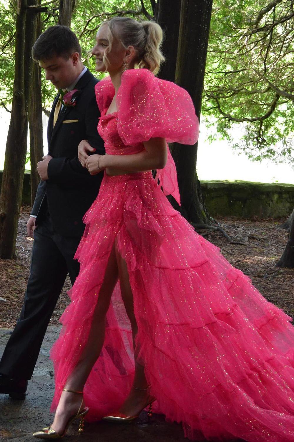 open lace back dress Two Pieces Tulle Prom Dresse Long Ball Gown with Puffy Sleeves for Teens  Girls High Slit Fromal Evening Gowns sew1076 main image 0
