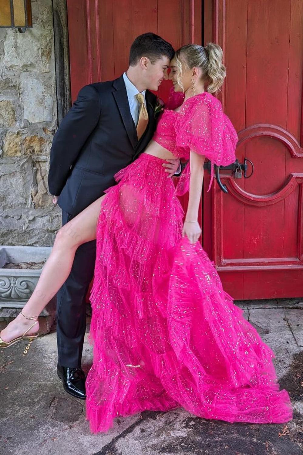fuchsia two piece prom dress ZAPAKA Women Sparkly Fuchsia Corset Prom Dress with Slit Mermaid Strapless Party Dress, Fuchsia / UK18