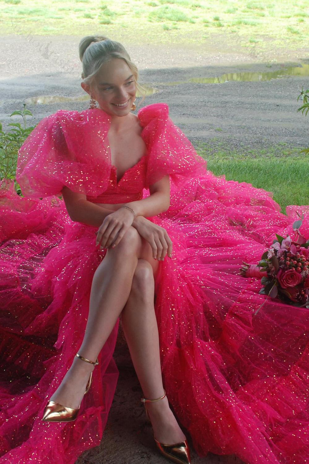 fuchsia two piece prom dress Suzhoufashion Fuchsia Prom Dress Two Piece Ruffled Long Formal Dress With Slit