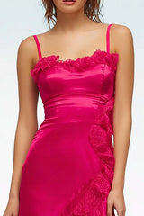 Suzhoufashion Fuchsia Satin Sheath Spaghetti Straps Long Prom Dress With Ruffles