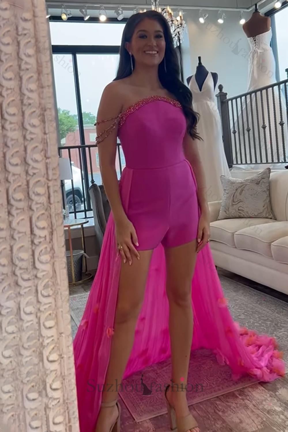 Fuchsia Short Floral Tight Homecoming Jumpsuits With Cape