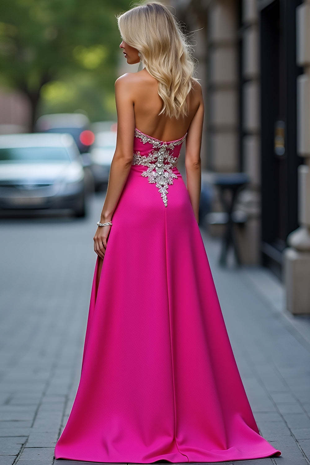 Fuchsia Wedding Guest Dress Long Sheath Satin Appliqued Prom Dress With Slit