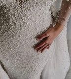 Full Beads Luxury Long Sleeve Wedding Dresses with Pearls | Sexy Sheer Tulle Overkirt Bridal Dresses with Buttons