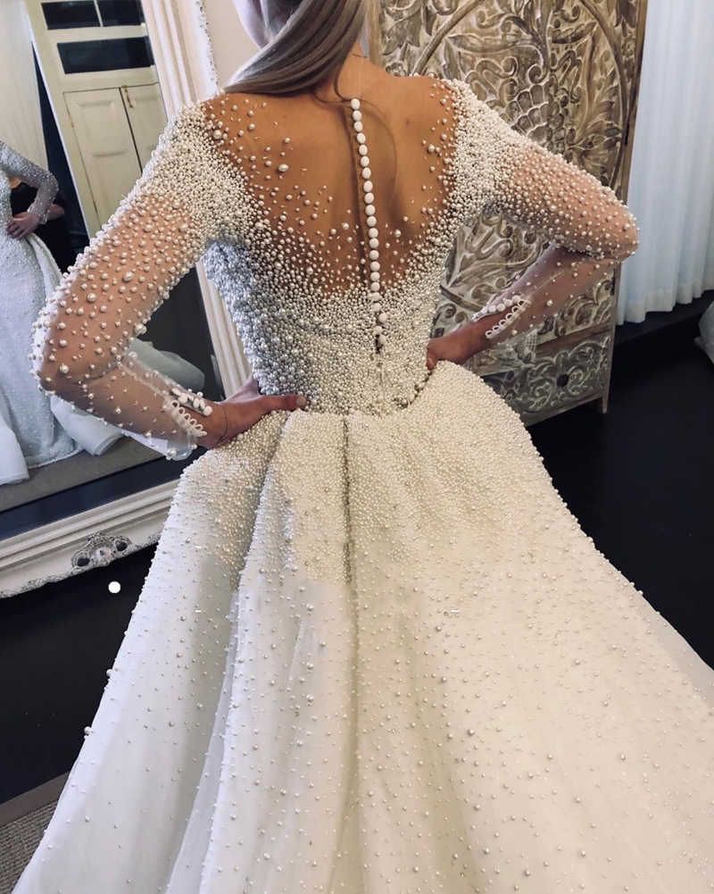 Full Beads Luxury Long Sleeve Wedding Dresses with Pearls | Sexy Sheer Tulle Overkirt Bridal Dresses with Buttons