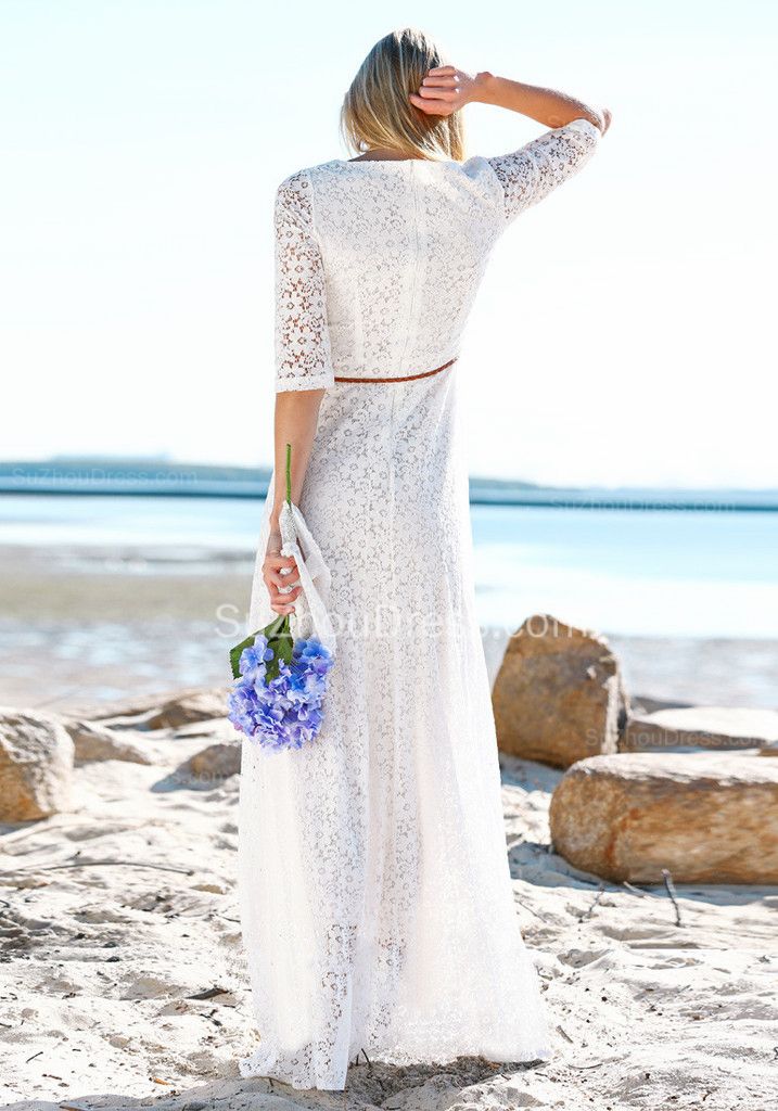 Full Lace Long Sheath Wedding Gowns Scoop Half Sleeves Elegant Zipper Wedding Dresses