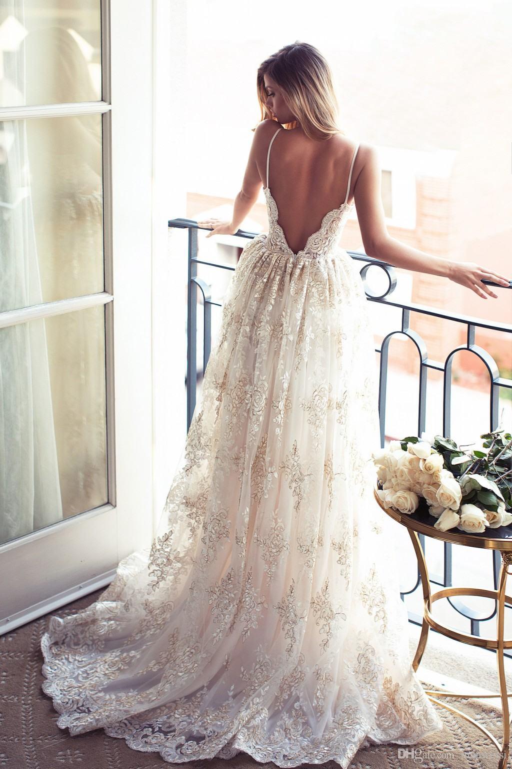 Full Lace Open Back Beach Wedding Dresses Sexy Spaghetti Straps Summer Wedding Gowns