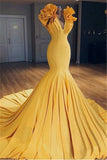 Ginger Yellow Mermaid Prom Dresses on Mannequins | Ruffles Court Train Sexy Evening Gowns BA9299